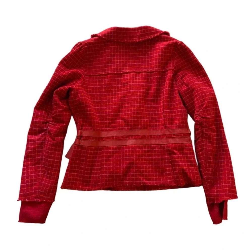 Free People Red Plaid Blazer Jacket‎ Leather Buckle Waist Women's Size 12